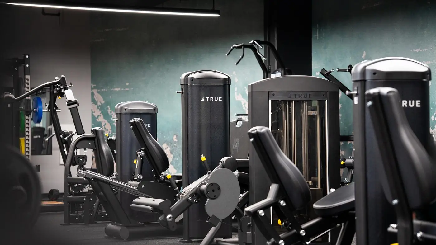 Sala de máquinas selectorizadas True Fitness en gimnasio comercial de alto tránsito — Fitness Factory